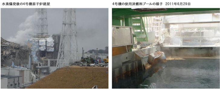 水素爆発後の4号機原子炉建屋 4号機の使用済燃料プールの様子2011年6月29日撮影